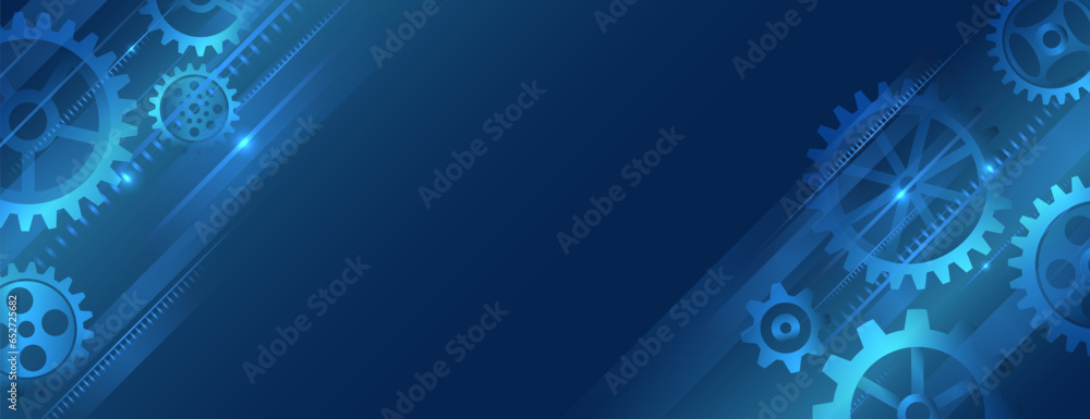 Aufkleber The mechanism consisting of gears on a blue background for the presentation. Cogwheel for science experiment presentation. Futuristic high-tech motion design. Business and industry internet banner.