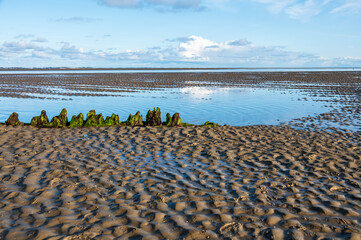 Im Nordseewatt bei Niedrigwasser am frühen Morgen im Sommer die Reste des Wracks der City of...