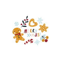 Christmas fun print with gingerbread man, cookies, berries and lettering. Hand-drawn childish doodle illustration in simple Scandinavian style. Vector isolate on white background.