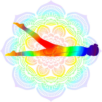 Colorful silhouette yoga posture. Half Locust pose. Ardha Shalabhasana. Prone and Backbend. Isolated vector illustration. Mandala background.