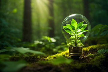 Eco Friendly Leaf Green Energy Light Bulb in a Lush Forest Background. Energy Conservation Icon 003. Generative AI - obrazy, fototapety, plakaty