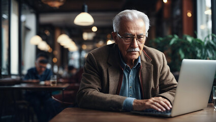 Old man working on laptop computer in cafe at table. Grandfather man in glasses using laptop