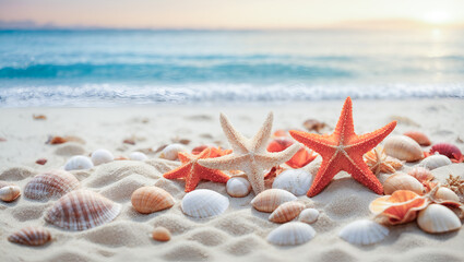 Sea sand beach mockup background with seashells, starfish. Suncare template for spf protection cream. Tropical summer vacation beach background. Travel holiday background.