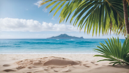 Fototapeta na wymiar Tropical sea beach mockup template and palm leaf on seaside background for protection. Summer Hawaii island beach sand and ocean waves of exotic paradise