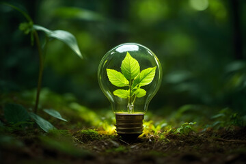 Eco Friendly Leaf Green Energy Light Bulb in a Lush Forest Background. Energy Conservation Icon 001. Generative AI - obrazy, fototapety, plakaty