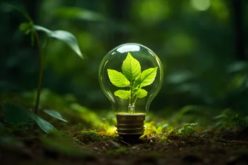 Keuken spatwand met foto Eco Friendly Leaf Green Energy Light Bulb in a Lush Forest Background. Energy Conservation Icon 001. Generative AI © Mordikai Art