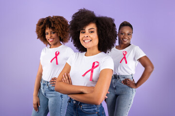 Group Of Black Ladies With Breast Cancer Ribbons In Studio