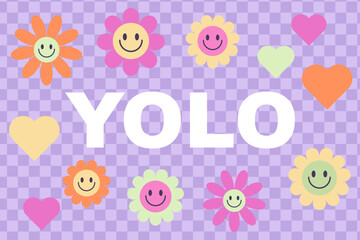 "YOLO" Y2K  phrase in stylized lettering on light violet background with flowers and hearts. Means You Only Live Once. Retro Y2K print design. Vector 90s, 2000s aesthetic illustration