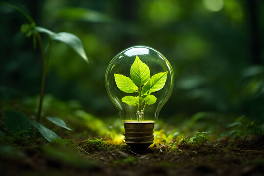 Eco Friendly Leaf Green Energy Light Bulb in a Lush Forest Background. Energy Conservation Icon 001. Generative AI