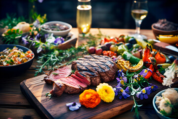 Hermosa mesa con carne a la parrilla decorada con flores silvestres.Barbacoa de verano en el exterior.Carne y verduras a la brasa.Concepto de estilo de vida y alimentación.