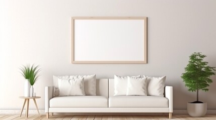 frame mockup on the wall with white sofa, and white interior concept. Generative in ai