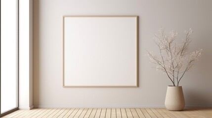 frame mockup on the wall with white sofa, and white interior concept. Generative in ai