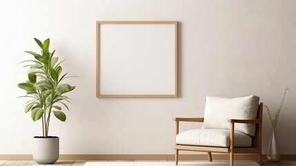 frame mockup on the wall with white sofa, and white interior concept. Generative in ai