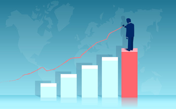 Vector of a business man standing on a bar graph drawing future world economy growth projection