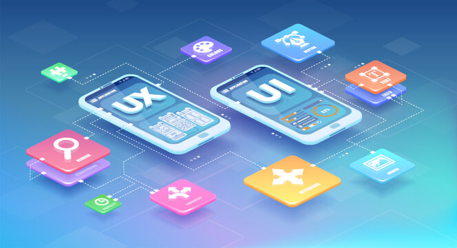 Mobile application design concept. Isometric vector of a smartphone mockup with active blocks and connections, process of creation of the user interface.