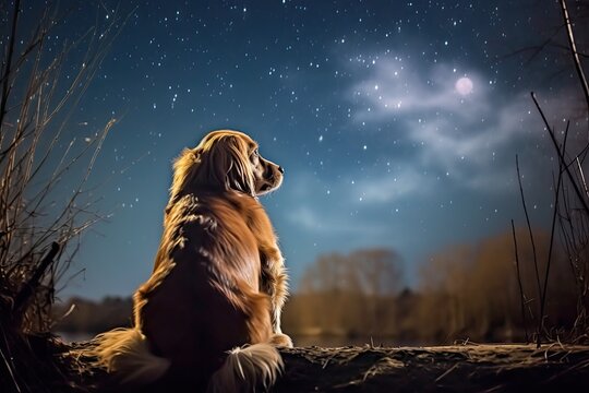 cute dog sitting under the stars - back view (Generative AI)