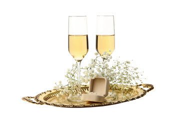 PNG wedding rings in a box with champagne glasses isolated on white background. © Atlas