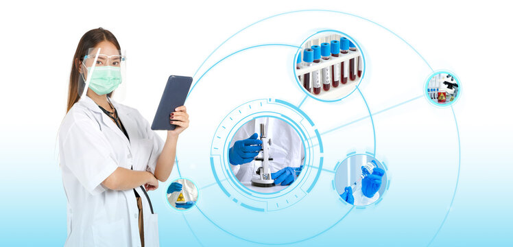 A confident female doctor, garbed in lab coat, holds a tablet computer showing sign of success, connection, technology and social network. Her focused gaze is proof of her commitment and dedication.