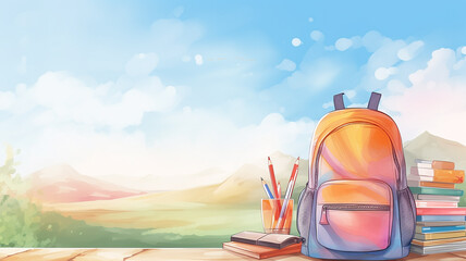 school backpacks school supplies on white background light watercolor painting drawing back to school - obrazy, fototapety, plakaty