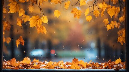 rain outside the window in the landscape of autumn park and yellow leaves. - obrazy, fototapety, plakaty