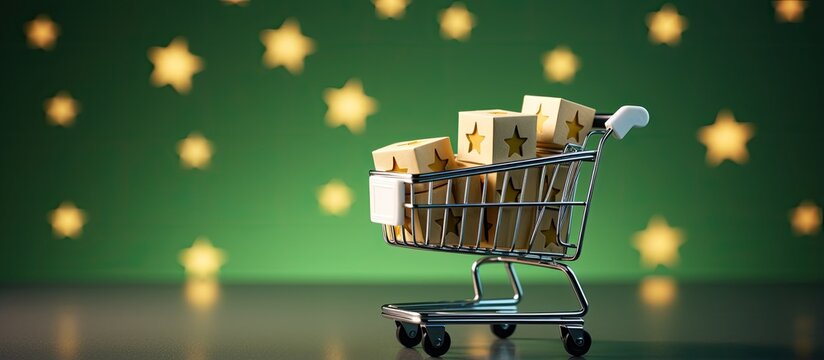 Online shopping e commerce delivery and customer reviews represented by a green checkmark on white parcel boxes in a shopping cart with a five star rating on a blue background