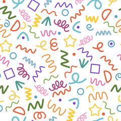 Abstract confetti shapes seamless pattern. Creative minimalist style art background for children or trendy design with basic shapes. Simple party confetti texture, childish scribble shape backdrop.