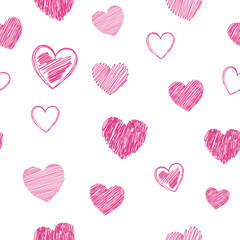 Pink heart seamless pattern. Background of heart icon hand drawn vector for love logo, heart symbol, doodle icon, greeting card and Valentine's day. Painted grunge vector shape