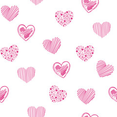 Pink heart seamless pattern. Background of heart icon hand drawn vector for love logo, heart symbol, doodle icon, greeting card and Valentine's day. Painted grunge vector shape