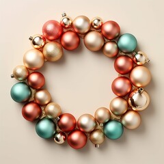 Circle frame of colorful Christmas balls on light beige background