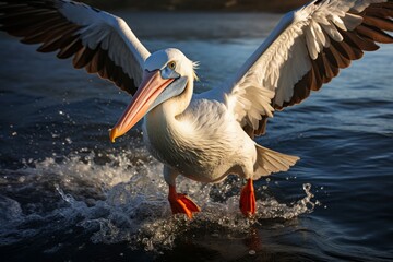 Fototapeta na wymiar Pelican skimming the water's surface in flight, Generative AI