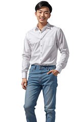 Fototapeta premium Asian young man Wearing a long-sleeved white shirt, wearing jeans, standing smiling. Isolated on a white background.