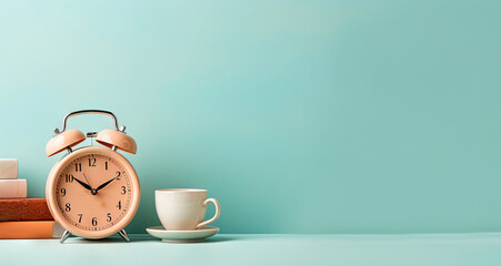 Vintage alarm clock and cup of hot coffee on the uniform pastel backdrop with a copy space....