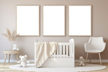 three blank white frames in a minimalistic nusery setting - mockup art template (Generative AI)