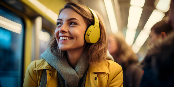 young woman wearing headphones and enjoying music on her smartphone on subway ride. AI generative.