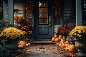Deurstickers House porch door entrance decorating with pumpkins and flowers. Autumn, fall concept. Generative AI © photoguns