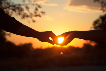Two couples hands in the sunset with a romantic moment girlfriend and boyfriend handshake nature background. - obrazy, fototapety, plakaty