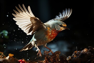 Robin in mid-air with a worm in its beak, Generative AI - obrazy, fototapety, plakaty