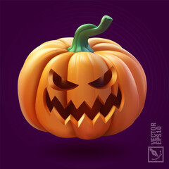 Halloween pumpkin with scary face on violet background,3d realistic
