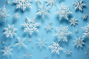 3d snowflakes on the soft blue background. Generative AI illustration