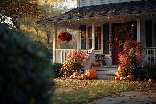 House porch decorated with pumpkins and flowers. Autumn, fall concept. Generative AI