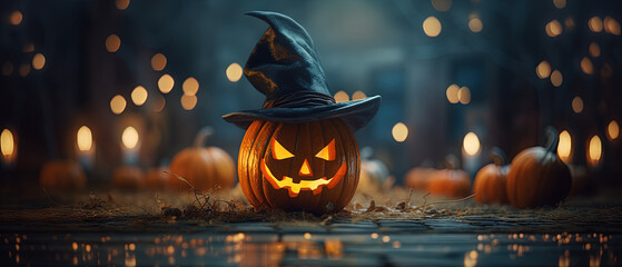 Halloween jack-o-lantern pumpkin with glowing eyes in witch hat in the barn. Generative AI