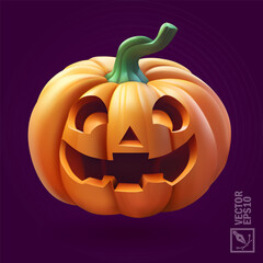 Halloween pumpkin with scary face on violet background,3d realistic