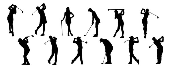 set of silhouettes of golf players