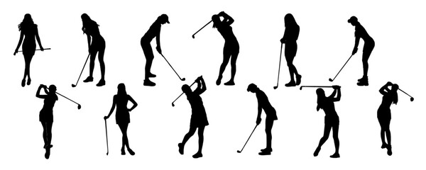 set of silhouettes of golf player vector