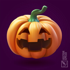 Halloween pumpkin with scary face on violet background,3d realistic