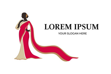 Saree logo design template. with women figure wearing  red saree dress . Women india dress or clothing logo design.