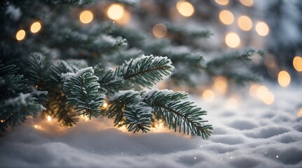 Beautiful winter background image of frosted spruce branches and small drifts of pure snow with bokeh Christmas lights and space