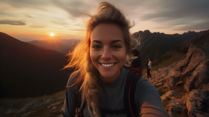 Naklejka premium A hiking girl smiles at the camera while enjoying the sunset on the top of the mountains, generative ai 