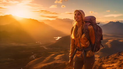 A hiking girl smiles at the camera while enjoying the sunset on the top of the mountains, generative ai 