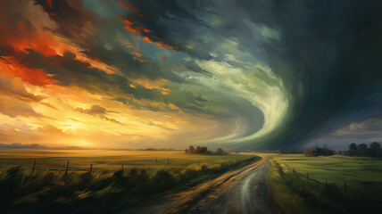 drawing of a tornado on the road in a field sunset colors.